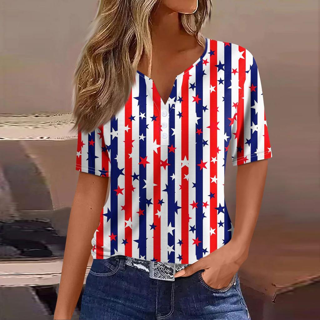Жен. Футболка Футболка С принтом Пуговицы С короткими рукавами Повседневные Выходные Мода Классический V-образный вырез Обычный Верх