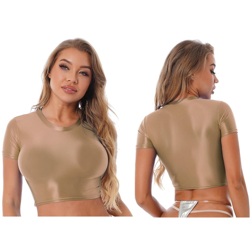 Womens Smooth Short Sleeve Crop Top Solid Color Round Neck Slim Fit T-shirt Sportswear Swimwear