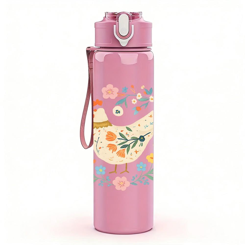 1PC Floral Bird Wreath Drawing 750ml Color Plastic Sports Water Bottle Leakproof Flip Straw Lid Suitable for Sports Office Home Use