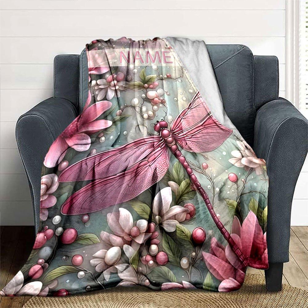 Pink Dragonfly Amidst Floral Blossoms And Pearls Lightweight Customizable Blanket Customize Your Name Ultrasoft Great For Sofa Couch Office Bed