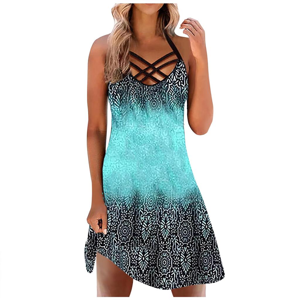 Dresses For Women Casual Summer Floral Printed Tank Sleeveless Dress Hollow Out O-Neck Loose Beach Short  Sundress