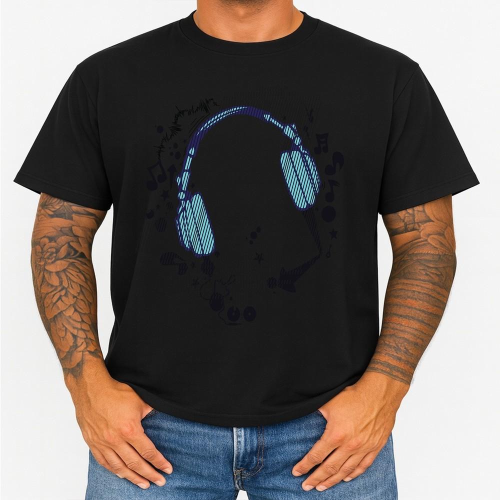 Headphones T Shirt Music Lover DJ Gamer Audio Sound Wave Graphic Tee