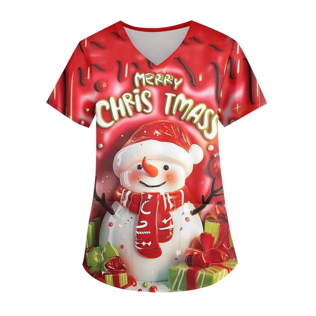 Ladies' Christmas Printed Fashionable V-neck Pocket Short Sleeved Uniform And Caregiver Top