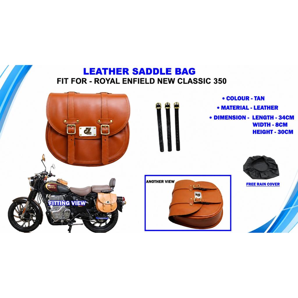 Tan "Leather Saddle Bag Pair With Mount Fit For Royal Enfield Meteor 350"