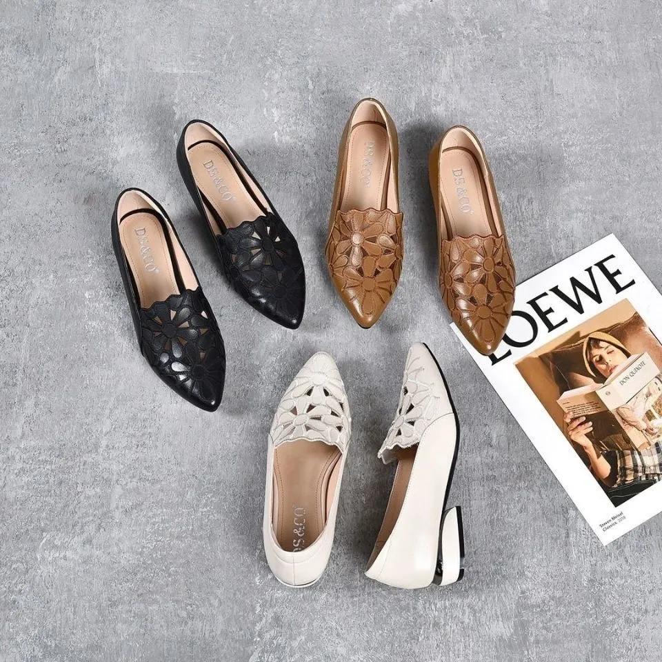 Женские милые остроносые черные кожаные туфли с цветочным узором и вырезами на квадратном каблуке женские классические для отеля работы офиса ab779