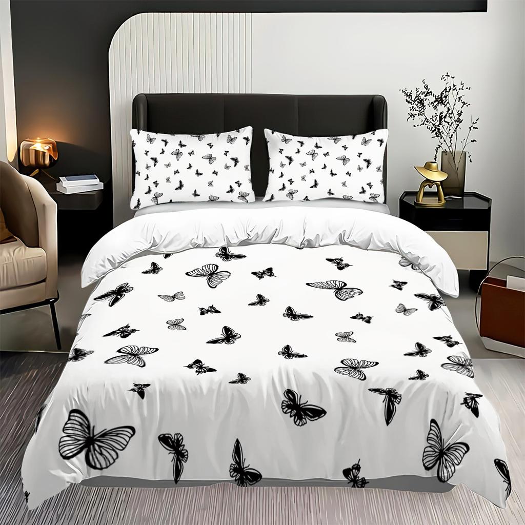 Комплект из трех предметов: пододеяльник, наволочка, пододеяльник, черный, бабочка, 3D цифровая печать