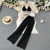 Women Summer Knitted Set Halter Short Tops+ Hollow Wide Leg Long Pants Sets Shell Beach Sexy Backless Two Piece Suits