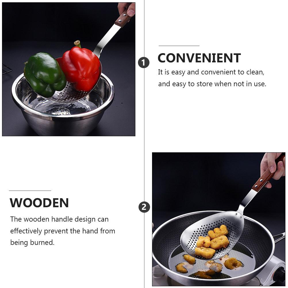Premium Stainless Steel Slotted Spoon with Wooden Handle for Hot Pot Frying Noodles Dumplings Filtering Ladle Kitchen Colander