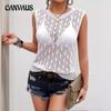 Summer Women's Vest Trendy Temperament Hollow Floral Semi-sheer Slim Round Neck Pullover Sleeveless Knit Top Blouse Cover-up