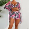 Swimsuit Women's Split Three Piece Set High Waist Long Sleeve Ins Overshirt Drawstring Printed Bikini Suits