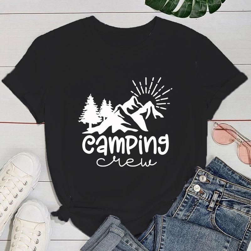 (Премиум-футболка)Горячая футболка с принтом Camping Crew, свободная, с коротким рукавом, повседневные топы в стиле Харадзюку, женская футболка