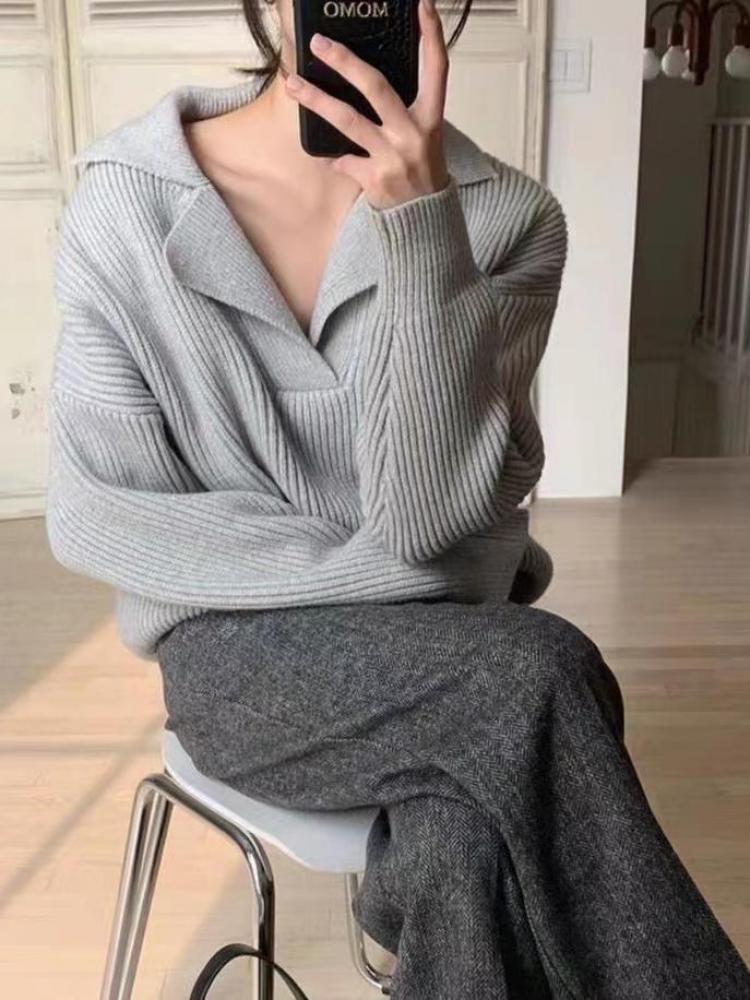 Женские трикотажные свитера, базовый теплый винтажный зеленый свитер, вязаный оверсайз, толстый свободный белый пуловер, джемпер для женщин 2024