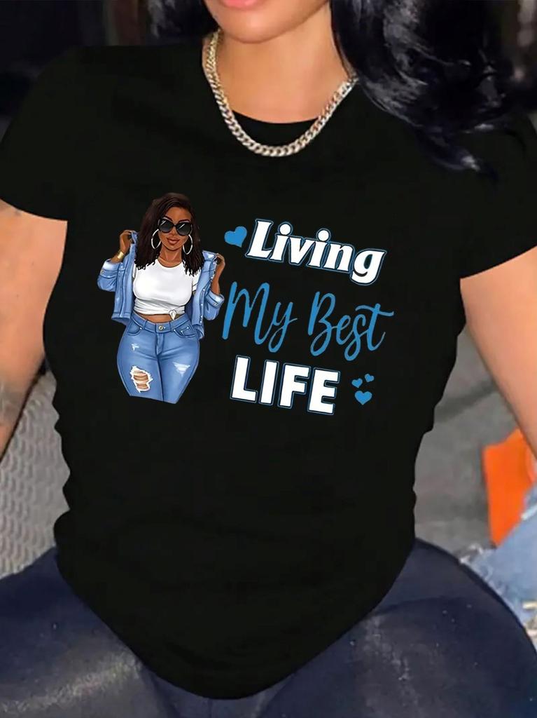 Living My Best Life Women's Tee, Black Girl Graphic White Top