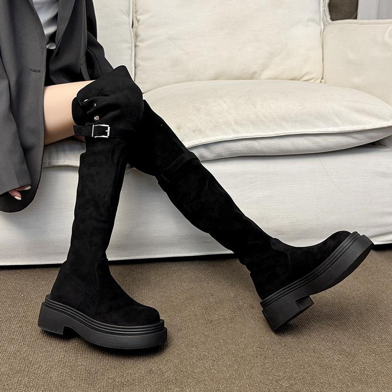 Женские сапоги на толстой подошве 2025 новая осень и зима замшевые ботфорты женские тонкие высокие сапоги-рыцари