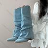 Мода Comemore Женские Плиссированные Синие Джинсовые Полусапоги Осень Толстый Каблук Острый Носок Ковбойские Боты Женские Слипоны Вестерн Длинные Сапоги
