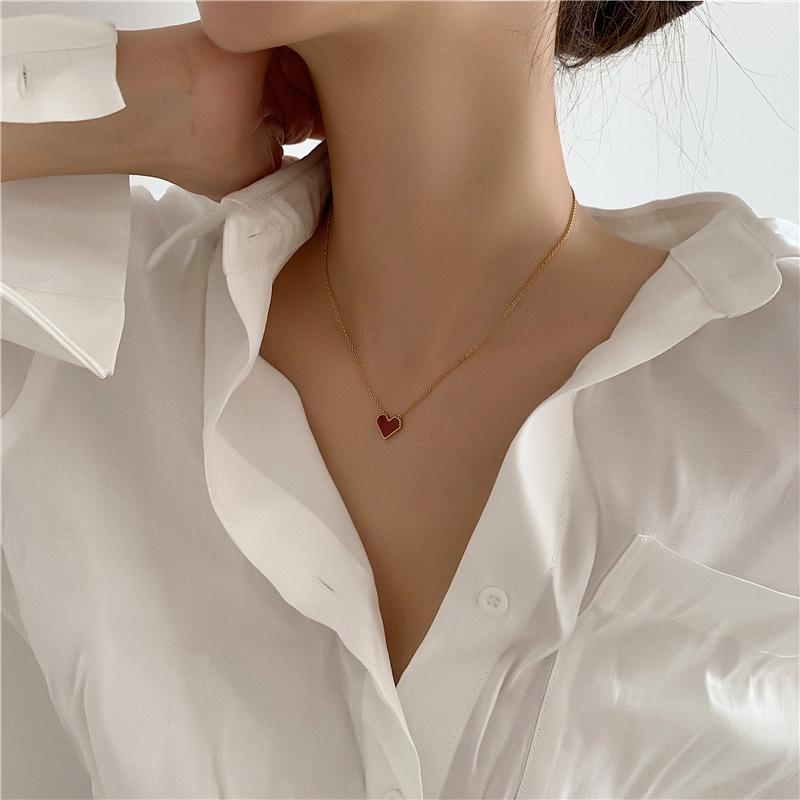 Корейская мода 18K позолоченное красное сердце ожерелье для женщин - Ретро французская титановая сталь ключица цепь