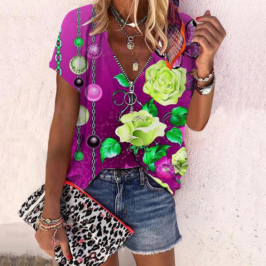 Женский топ, летний новый модный топ с яркими цветами и принтом розы, повседневный топ на молнии с v-образным вырезом и короткими рукавами