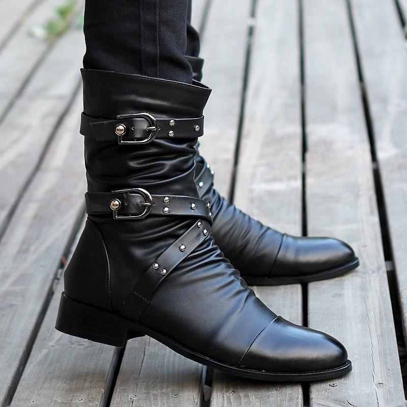 Fashion Winter Pointed Toe Men's Mid-calf Boots Buckle Strap Chelsea Boot for Men Leather Mens Motorcycle Boots High Top Man Winter Shoe