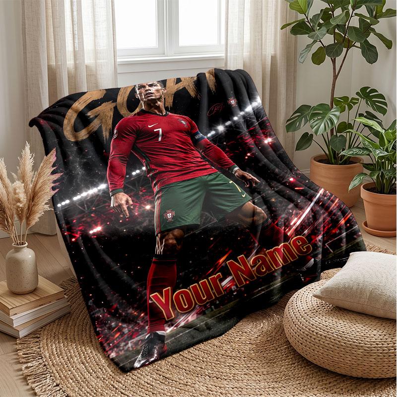 Cristiano Ronaldo Custom Name Text Flannel Blanket Soccer Logo Personalized Fleece Throw Blanket Special Gift For Sofa Bedroom Home
