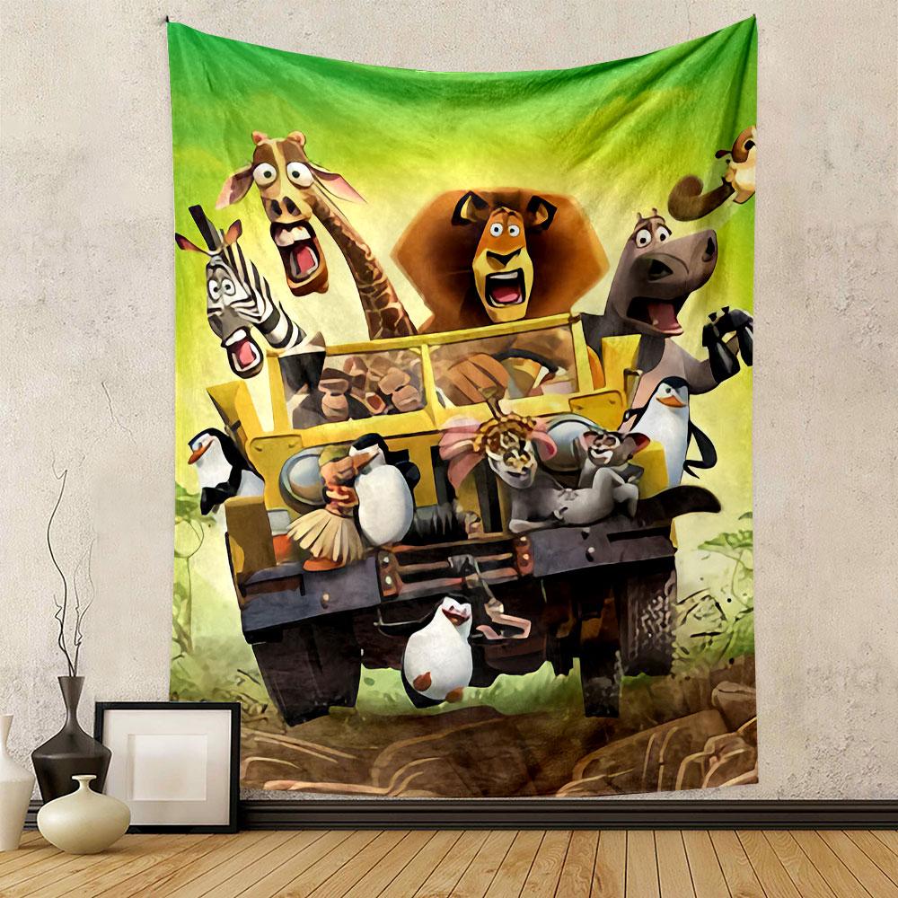 Madagascar Safari Truck Poster Tapestry Wall Hanging, Alex Marty Zoo Animals Art, Funny Wall Decor for Bedroom Living Room Kids Room