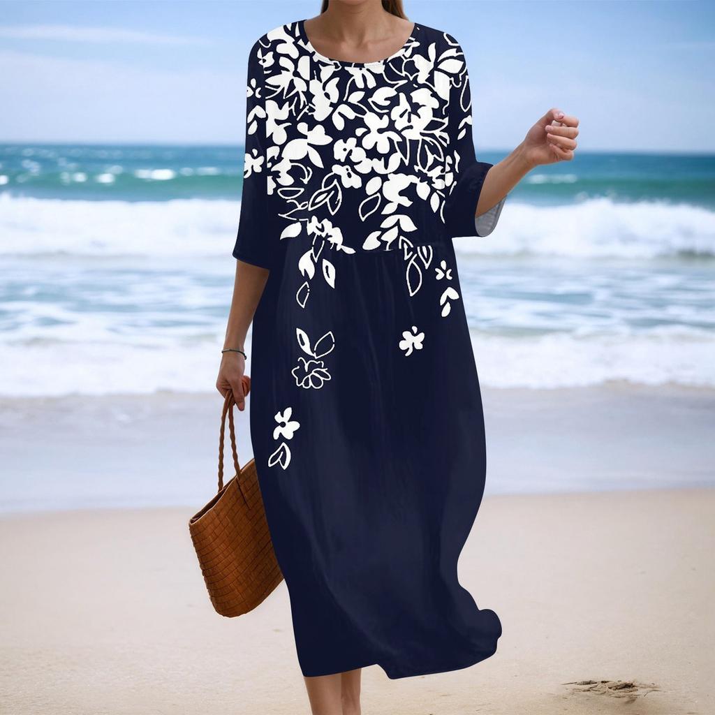 Женское модное платье свободного кроя с принтом, круглым вырезом и рукавом три четверти