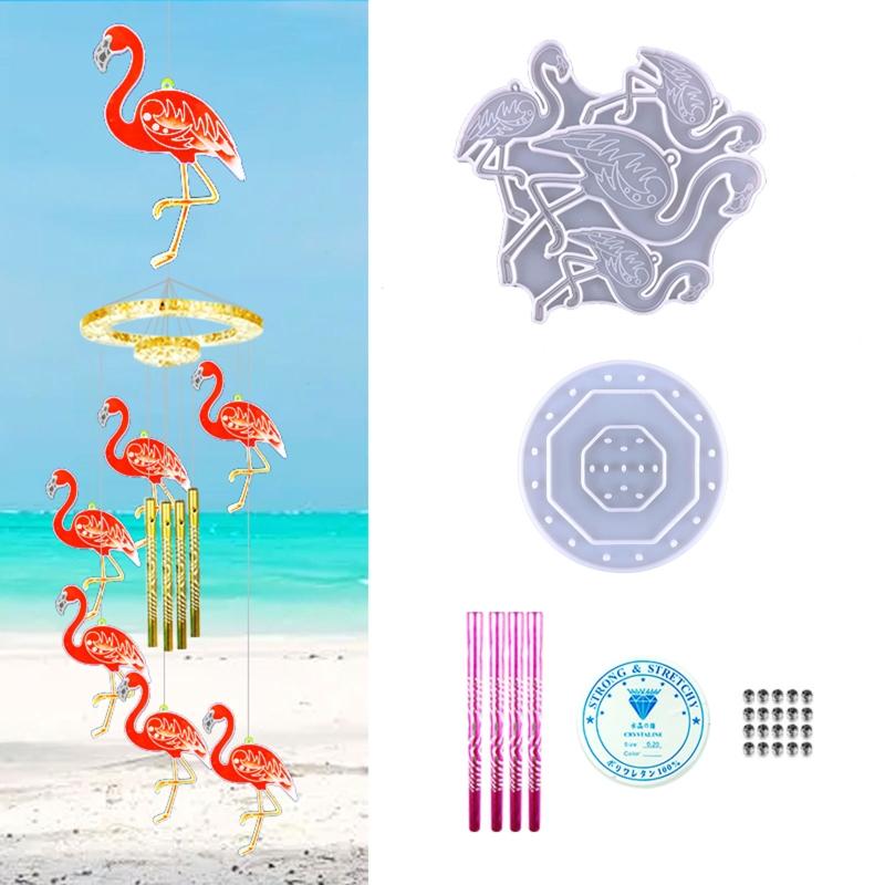 1 Set Flamingo Wind Chime Pendant Drop Glue Mold Diy Keychain Coaster Flamingo Wall Hanging Decorative Silicone Mold