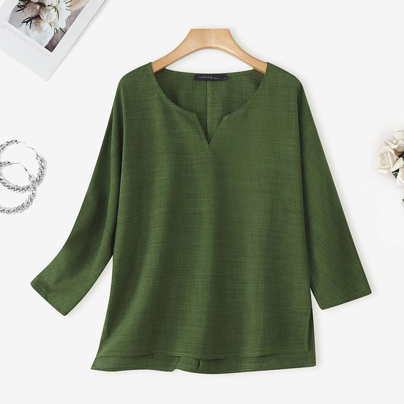ZANZEA Женская повседневная однотонная блузка с v-образным вырезом и длинным рукавом