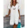 Summer Fashion V-neck Short Sleeved Chiffon Lace Splicing Women Dress Casual Loose White A-line Party Dress Sweet Elegant Woman Clothing