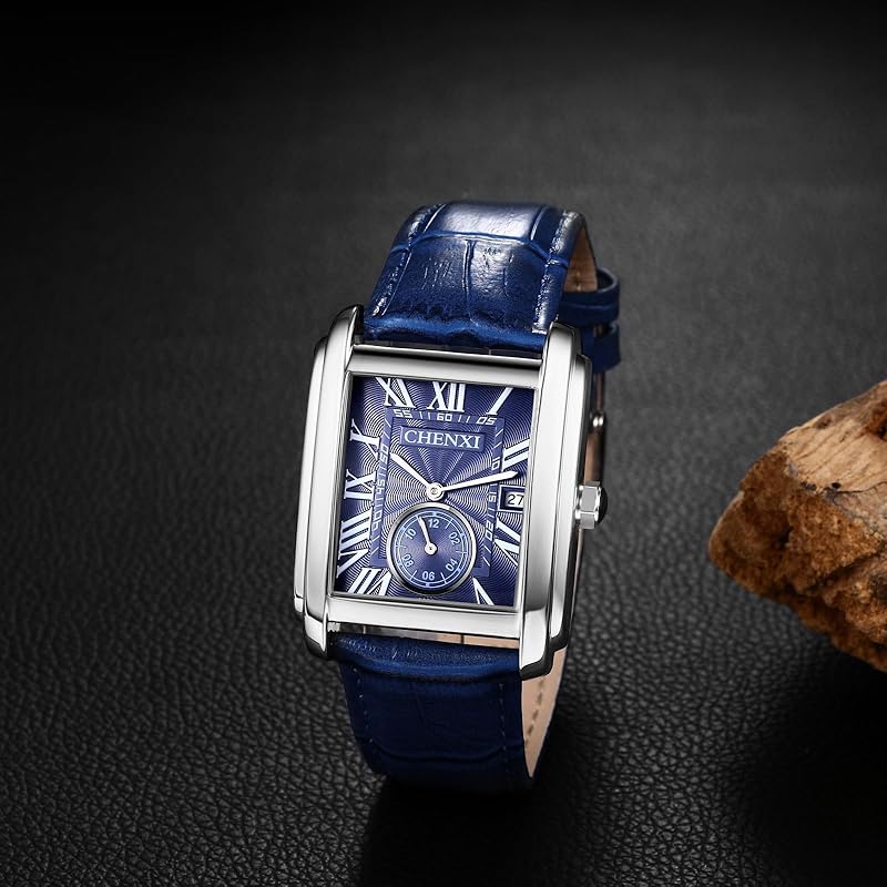 Mens Watches Leather Seiko Copy Clock: Square Dial Hand-wound Watch Cool Watch Roman Numerals Male Leather Belt Adjustable Arm Ornament Blue