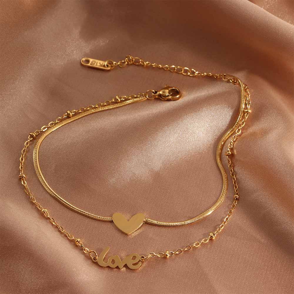 Gift Beach Double-Layer Titanium steel Fashion Jewelry Snake Chain Foot accessories Love Anklet