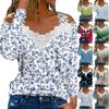 Fashionable Lace V-neck Pullover Long Sleeve Floral Print Top Solid Color Casual T-shirt