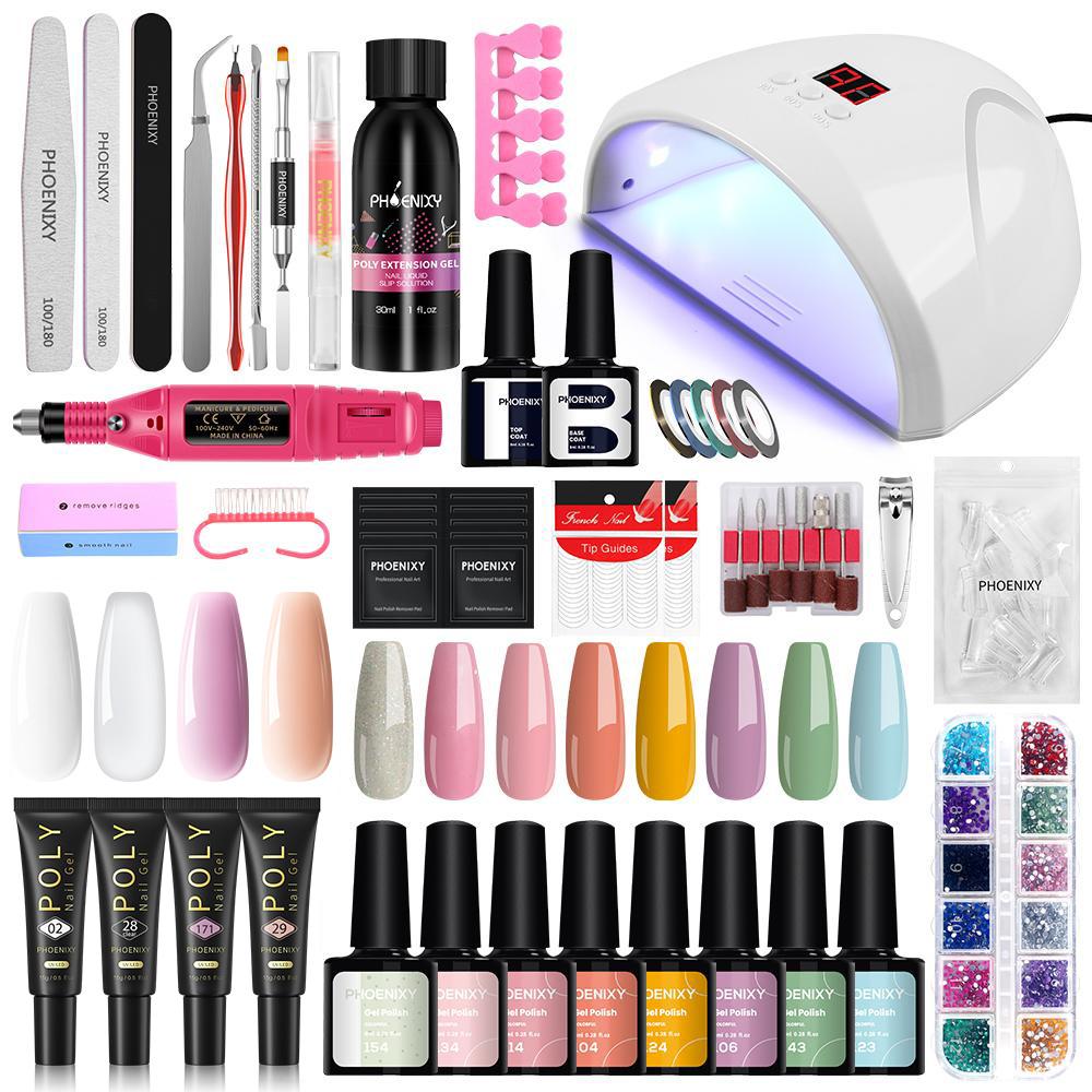 Маникюрный набор PHOENIXY с УФ-светодиодной лампой для ногтей 36 Вт, акриловый гель, полигель для ногтей, набор для наращивания ногтей, блестящий гель, УФ-строительный гель-лак