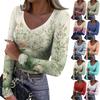 Women's Winter Slim-Fit Base Layer T-Shirt Fashionable Print V-Neck Pullover Long-Sleeved Top