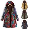 Winter Warm Floral Print Oversize Womens Coat Vintage Hooded Outwear with Pockets