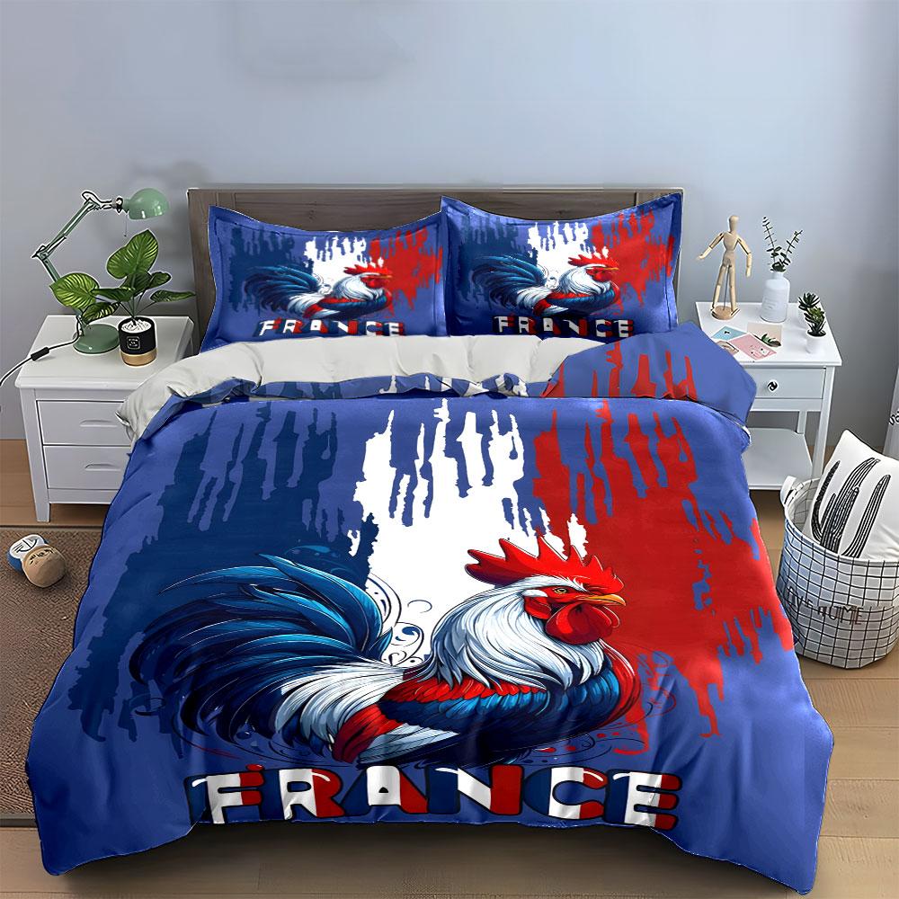 Rooster with France text. Bedding sets Duvet cover sets Duvet covers Pillowcases(1 * Duvet Cover 2 * Pillowcases, without duvet insert)