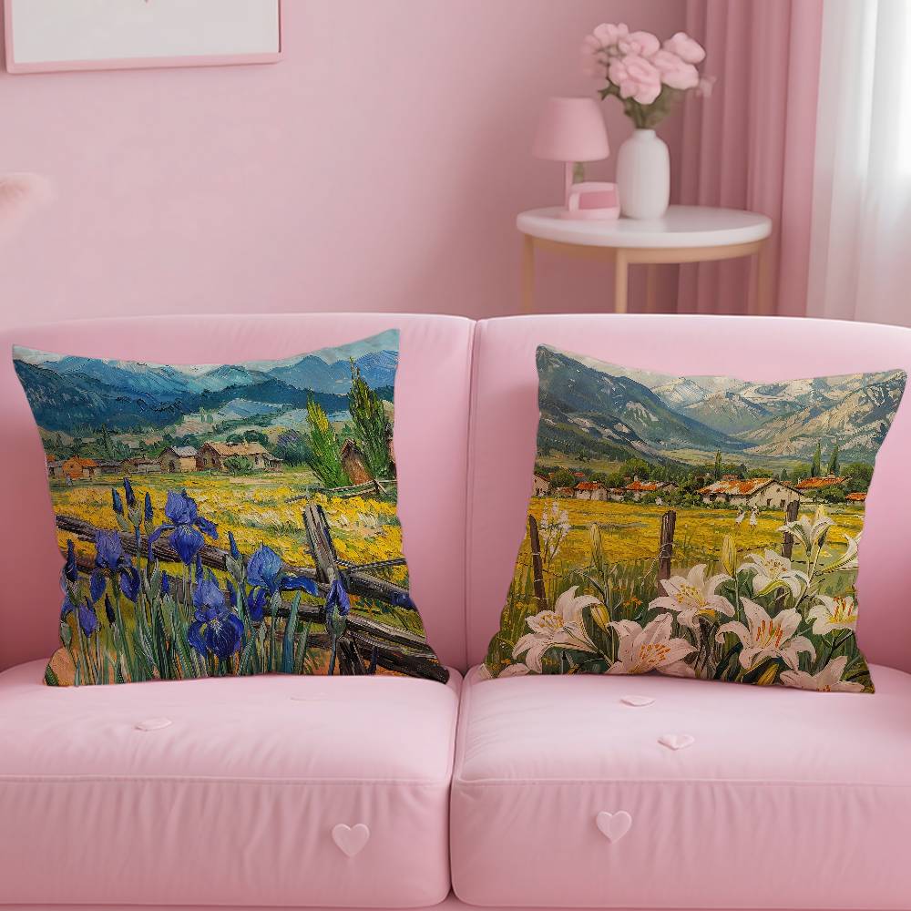 Landscape Painting Style Pillow Case Pattern Printing Pillowcase Living Room Sofa Cushion Cover Bedroom Room Decor