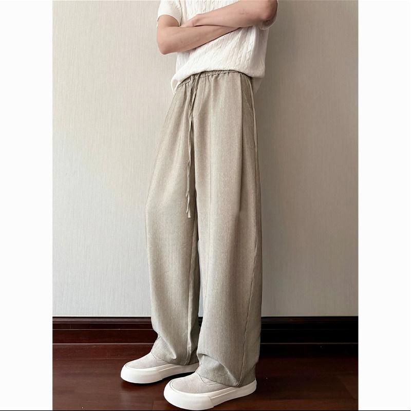 Summer old money vertical drawstring elastic waist straight pants drape comfortable wide leg pants simple versatile men's casual pants