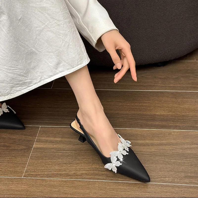 Босоножки со стразами на высоком каблуке женская обувь большого размера на высоком каблуке для девочек с острым носком закрытые большие удобные ретро шпильки сандалии с открытой пяткой