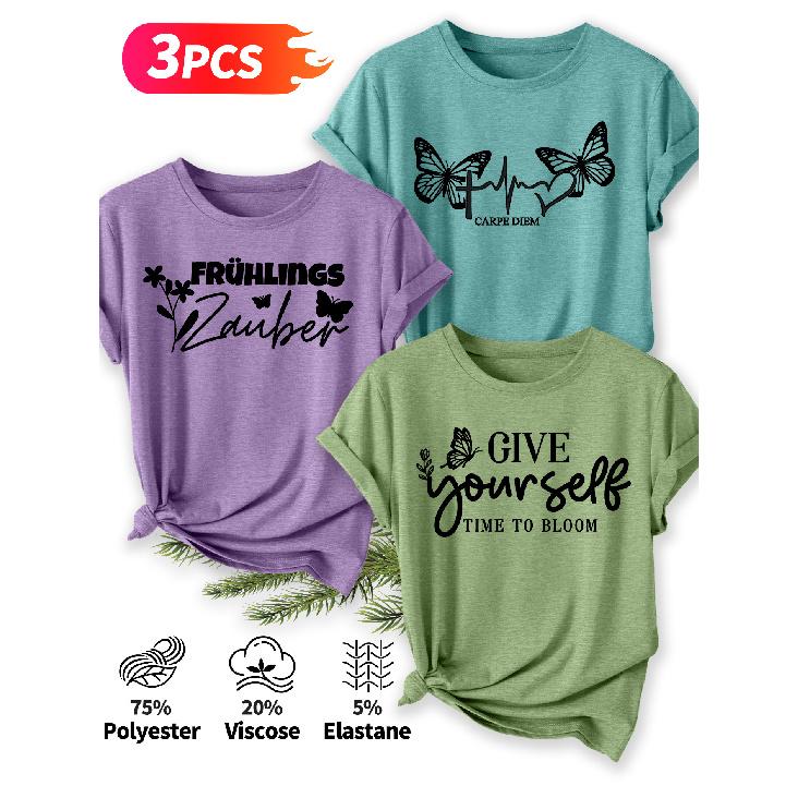 Three-piece set Elegant short-sleeved shirt for women Butterfly Spring Inspirational Slogan Print Pattern Round Neck Short Sleeve Casual Style