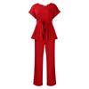 Plus Size Summer Women's Solid Color Tie Short Sleeve Top High Waist Wide Leg Pants Fashion Casual Set