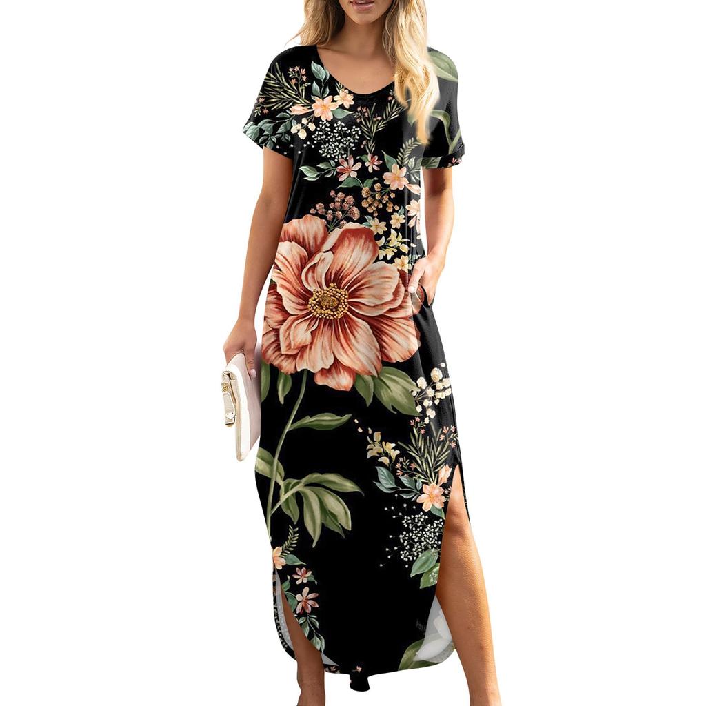 Women Summer Casual Loose  V Neck Short Sleeve Beach Maxi Long Dresses Trendy Outfits