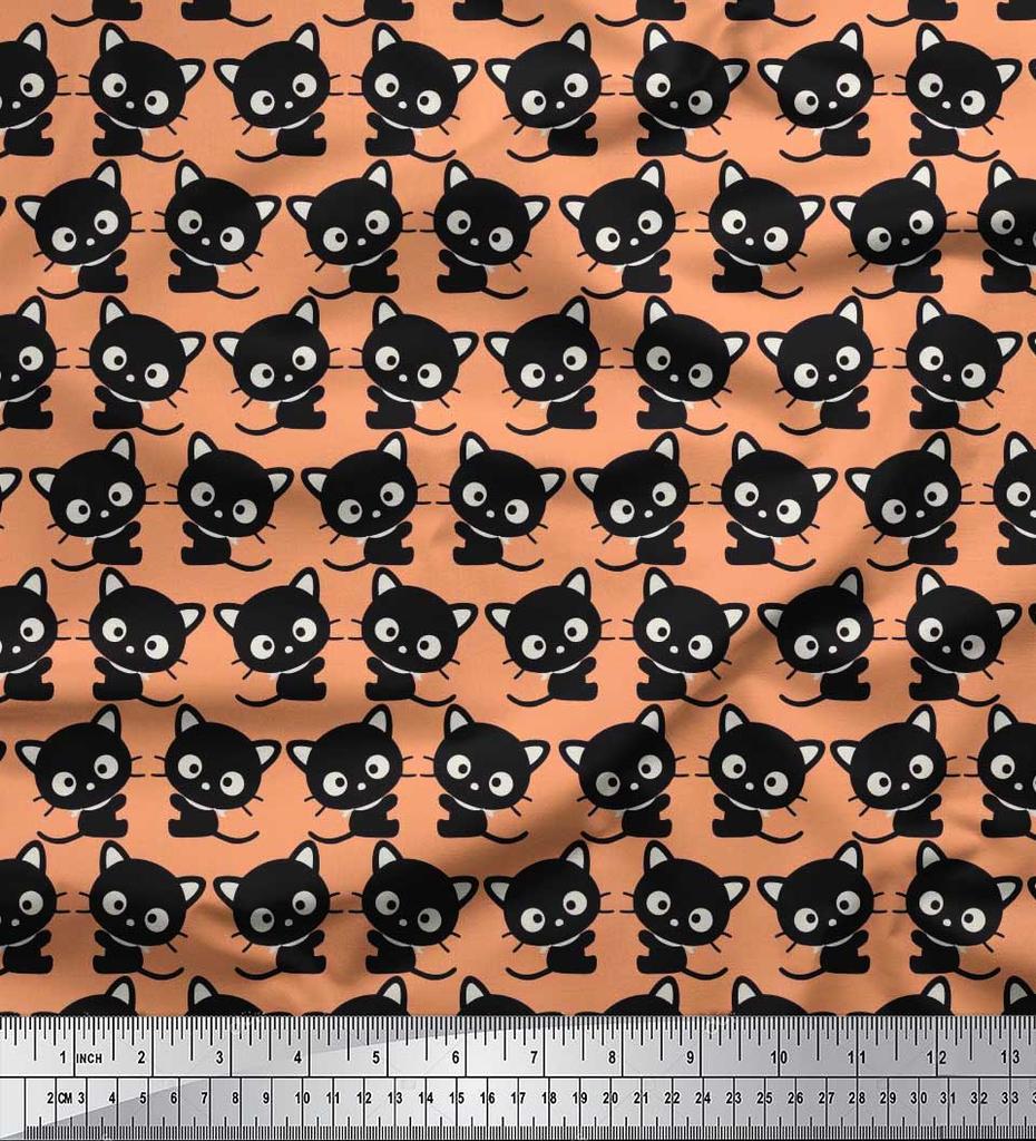 Soimoi Japan Crepe Satin Fabric Cat Cartoon Print Fabric by metre 42 Inch