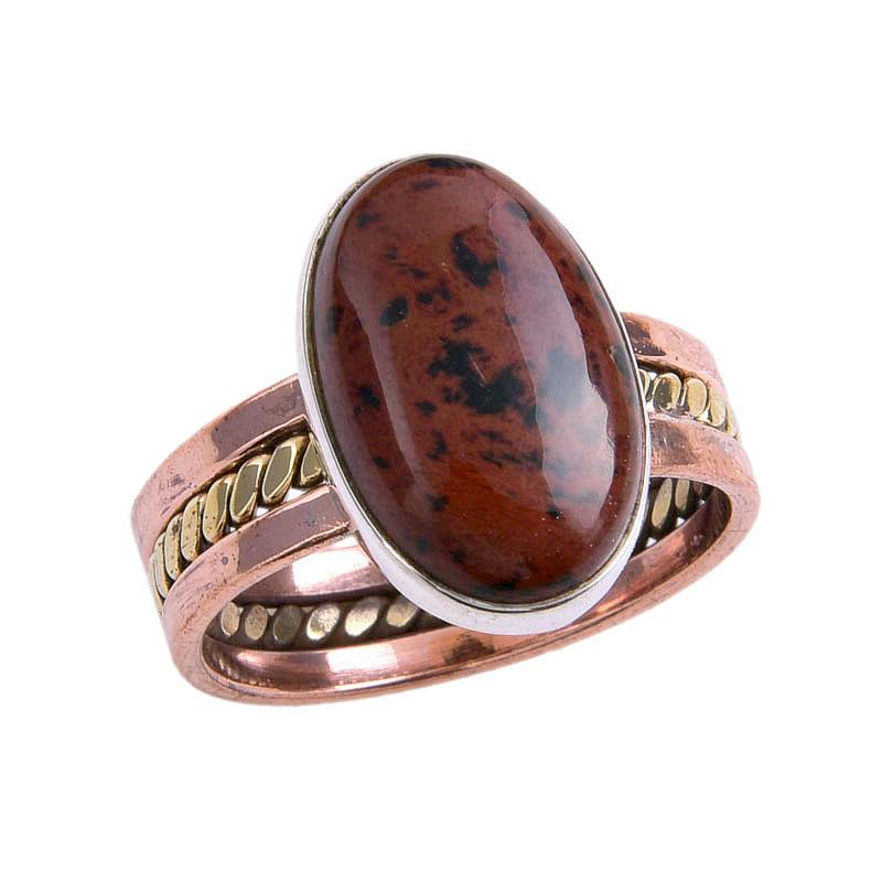 Натуральный Красный Обсидиан Махагони Драгоценный Камень 925 Стерлинговое Серебро Двухцветное Кольцо S.9.5 i2w57