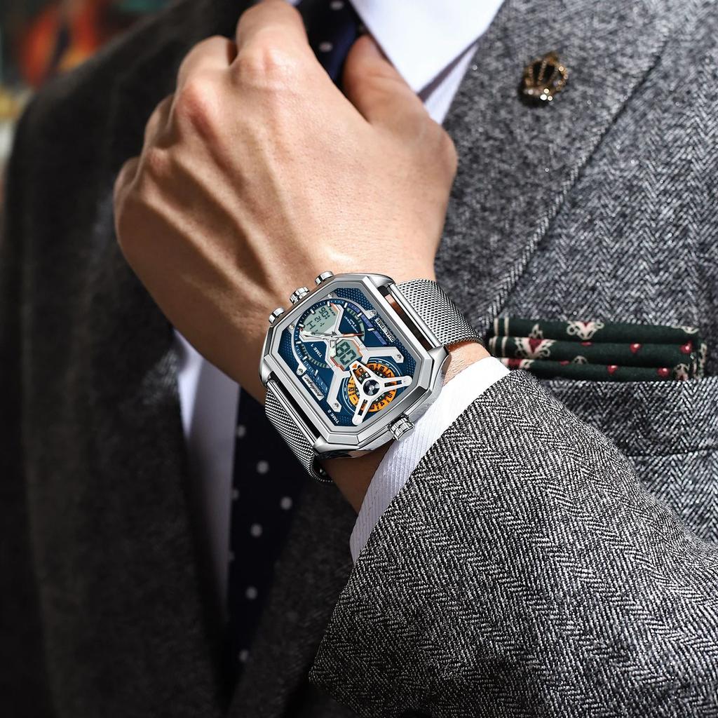 POEDAGAR Новые Роскошные Мужские Часы с Двойным Дисплеем, Дата, День Недели, Люминесцентные Светодиодные Мужские Часы, Сетчатый Ремешок, Электронные Спортивные Мужские Кварцевые Часы