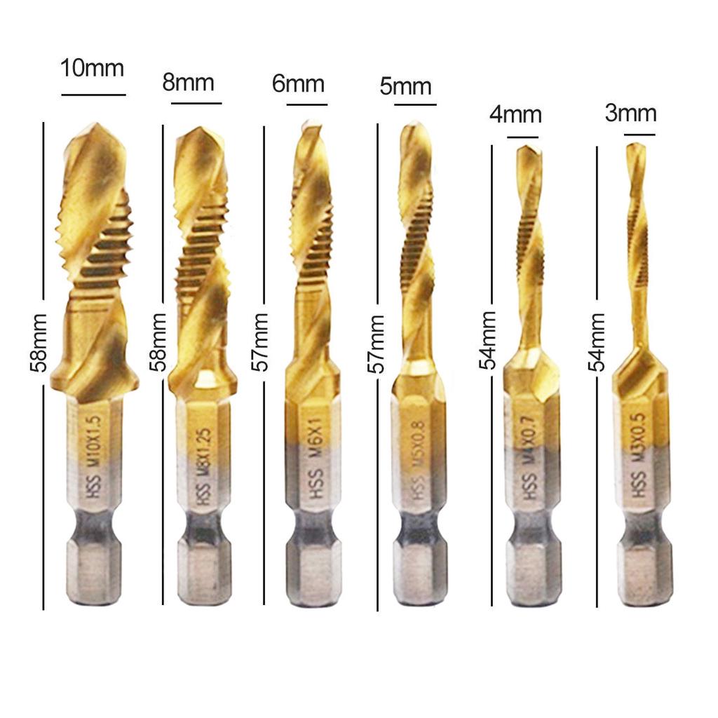 HSS Thread Spiral Screw Metric Composite Tap Drill Bit 6pcs 1/4 Hex Shank Tap M3 M4 M5 M6 M8 M10 Woodworking Tool