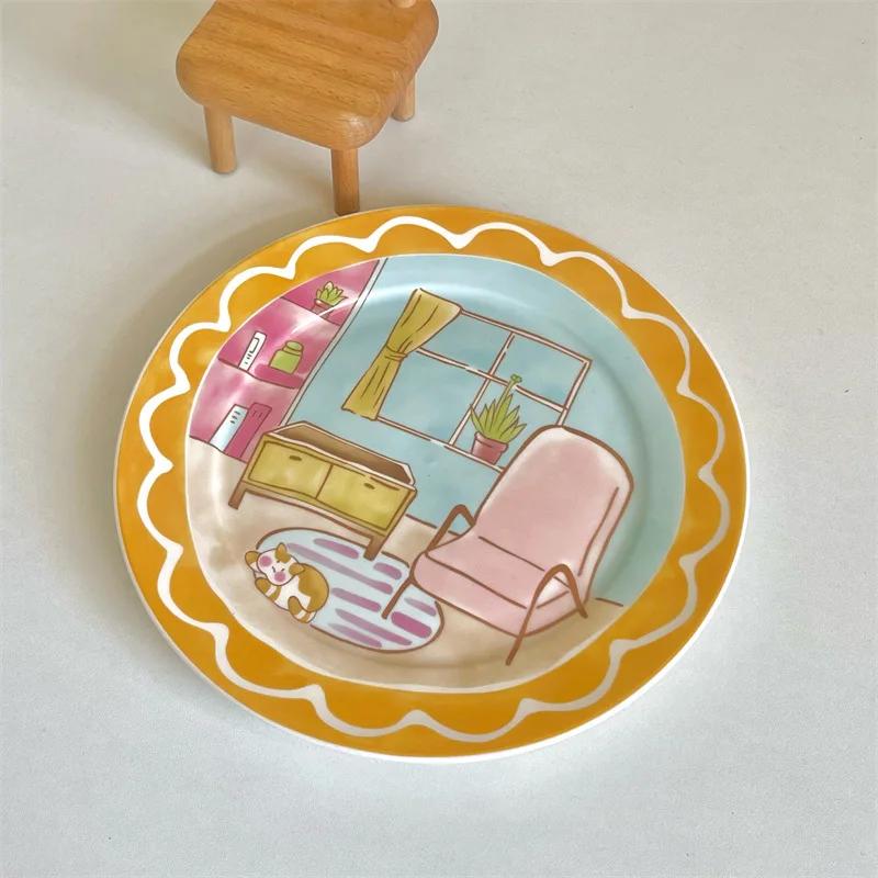 Милая и игривая мультяшная керамическая тарелка корейская высокая эстетика бытовая посуда десертная тарелка салатная тарелка для завтрака керамическая плоская