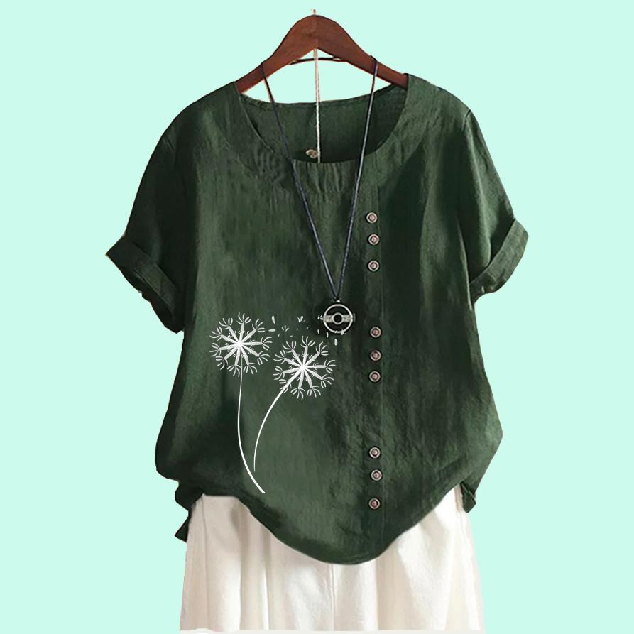 Women Casual Short Sleeved Blouse Laides Cotton Linen Top Fashion Floral Printed Loose T-shirt