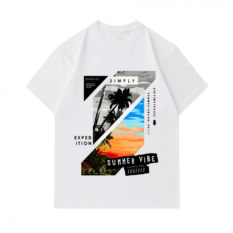 Men's 100% Cotton Crew Neck Short Sleeve T-Shirt, Summer Tropical Palm Tree Sunset Graphic Tees, Casual Expedition Summer Vibe Printed Comfortable Dai