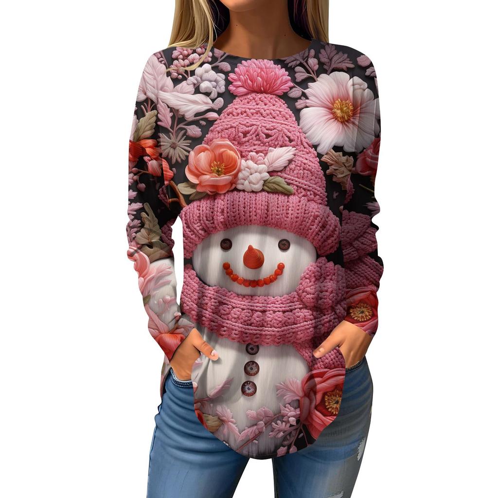 Женская свободная футболка с круглым вырезом и рождественским принтом, длинный рукав, пуловер, толстовка с длинными рукавами