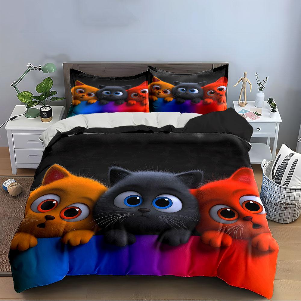 Colorful Cute Cartoon Cats Bedding Duvet Cover Set (1*Duvet Cover 2*Pillowcases, without duvet insert)